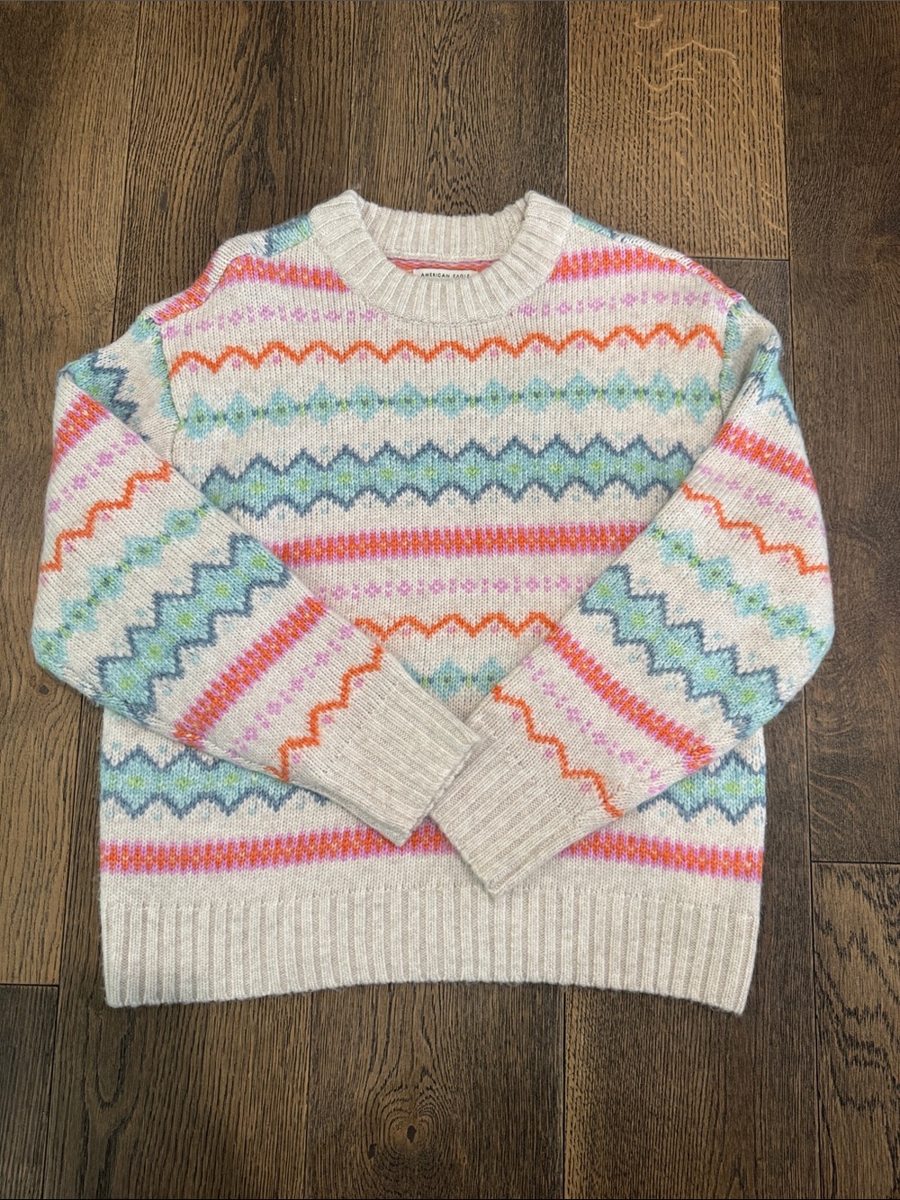American Eagle Women’s Cream Fair Isle Crewneck Sweater Size Small